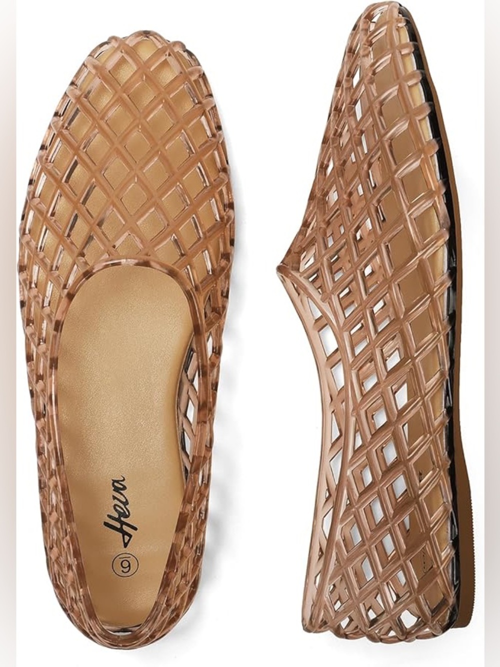 Heva Jelly Mesh Flats Breathable Clear Hollow Shoes Beige Size 6